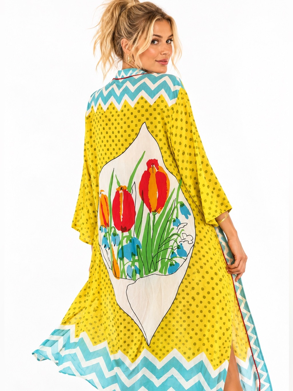 Vera for Anthropologie Yellow Floral Polka Dot Long Kimono Duster OS Artsy
